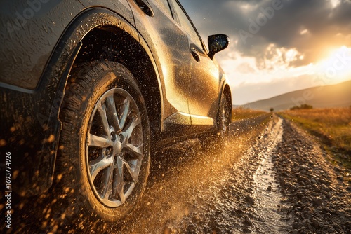 SUV driving on muddy, rural road at sunset