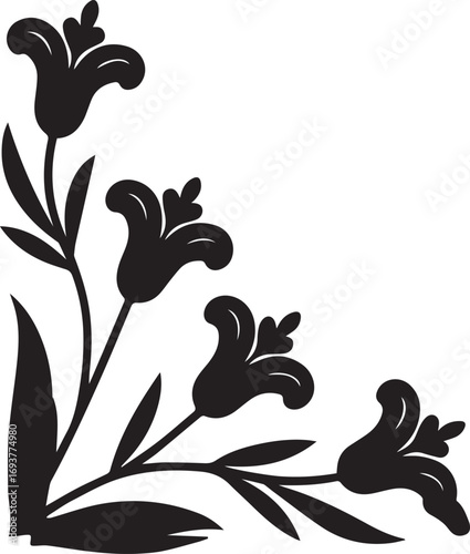 Black floral corner design with bell-shaped flowers