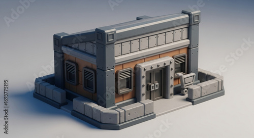Isometric industrial building design architecture model with metal and stone elements for game design asset