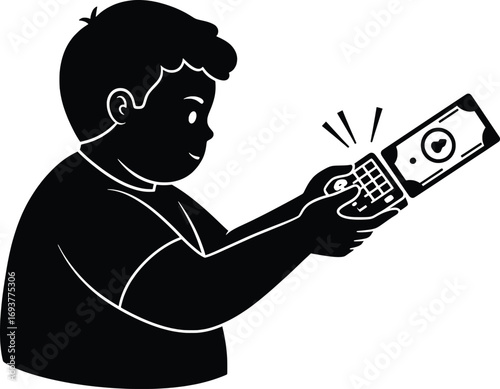 Exciting Event, Child Engaging with Technology, Home Setting, Vector Illustration, Playful Environment, Side View, Concept of Digital Interaction and Learning