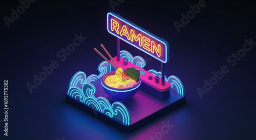 Neon ramen shop illustration with noodles and chopsticks for asian food restaurant and delicious meal ads