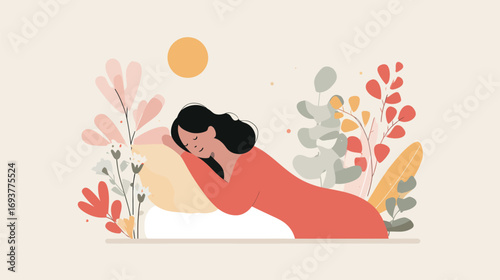 A woman lies on a pillow, enjoying a peaceful sleep. She is surrounded by gentle plant illustrations and a warm sun, creating a serene, calming atmosphere.