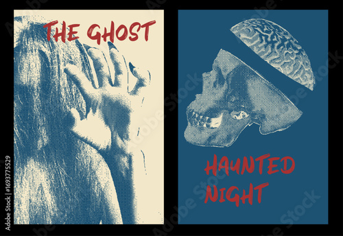 Vintage horror poster collage in halftone style. Creepy ghost silhouette and human skull with brain. Retro Halloween design for haunted night party, spooky decoration, dark surreal invitation. Vector
