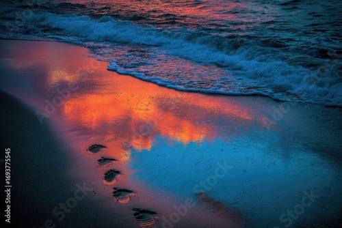 Sunset reflected in wet sand, footprints trailing into the ocean's edge