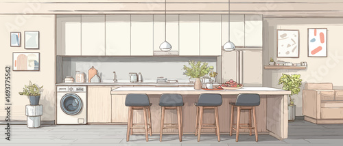 Warm and inviting kitchen showcases sleek cabinetry, a spacious island with seating, and modern appliances, exuding a cozy atmosphere for cooking and gathering.