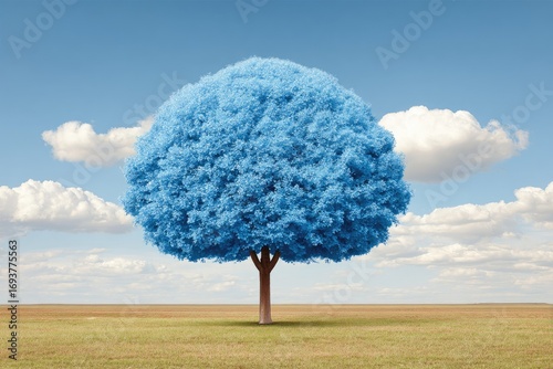 Solitary blue tree in a grassy field under a bright blue sky