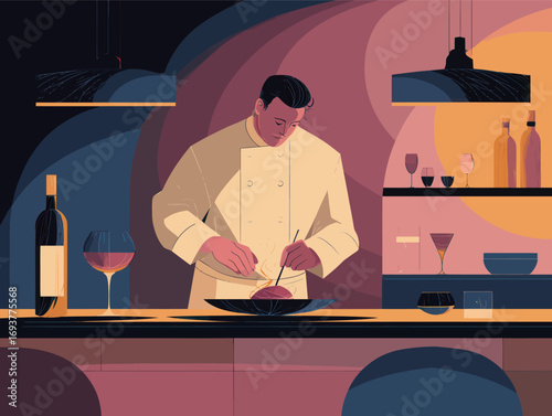 A skilled chef artfully assembles a gourmet dish in a modern kitchen. The setting features elegant lighting and refined decor, creating a sophisticated atmosphere for diners.