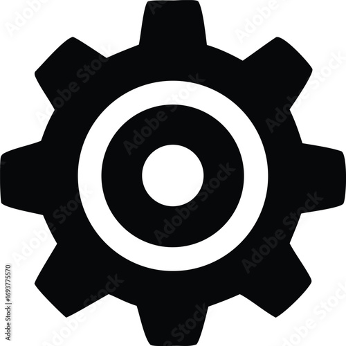 Simple black and white cogwheel gear icon symbolizing industry mechanical engineering and machinery system components in technology and development