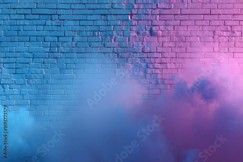Blue and pink neon light illuminates a brick wall partially obscured by fog or smoke