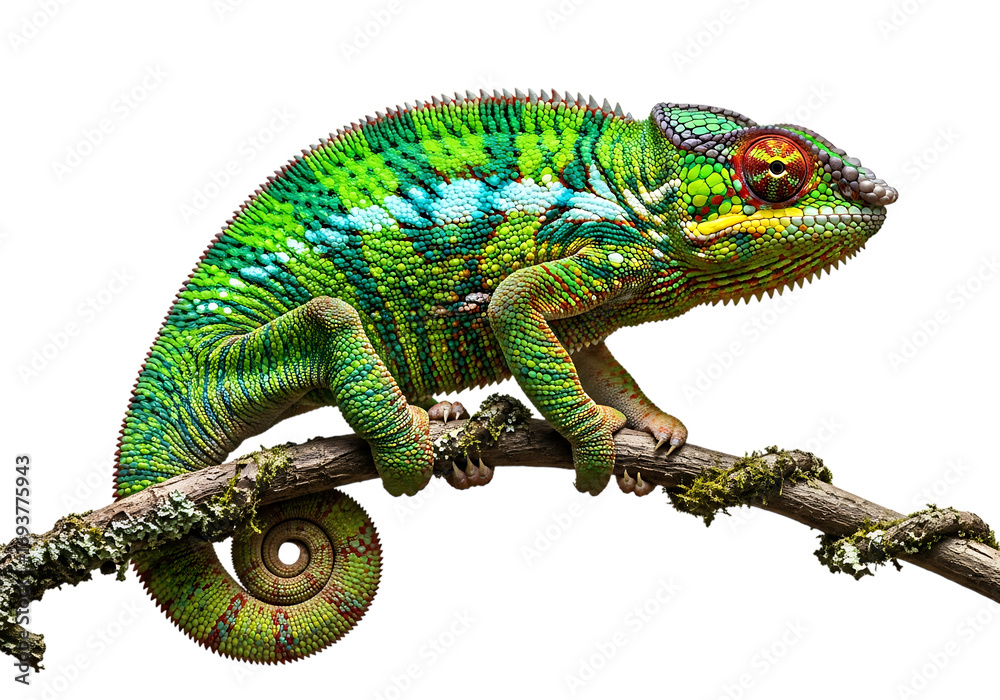 Obraz premium Vibrant chameleon perched on a branch with detailed scales transparent background
