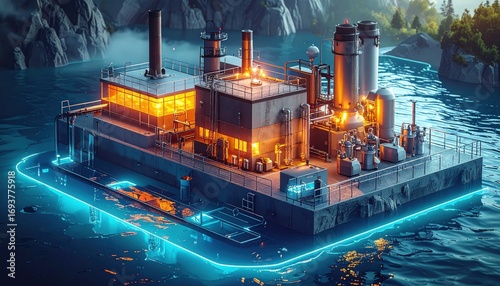 A floating industrial facility rests on tranquil water, illuminated by warm and cool light sources, creating a striking visual contrast.