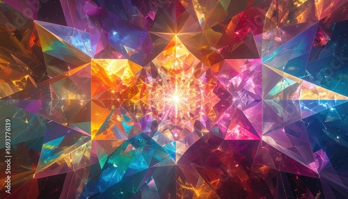 A vibrant, multifaceted design showcasing a kaleidoscopic pattern of polyhedra in rich, radiant colors.