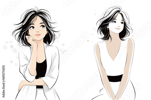 Two fashionable women are posing in a minimalist environment, each expressing distinct styles and confidence.