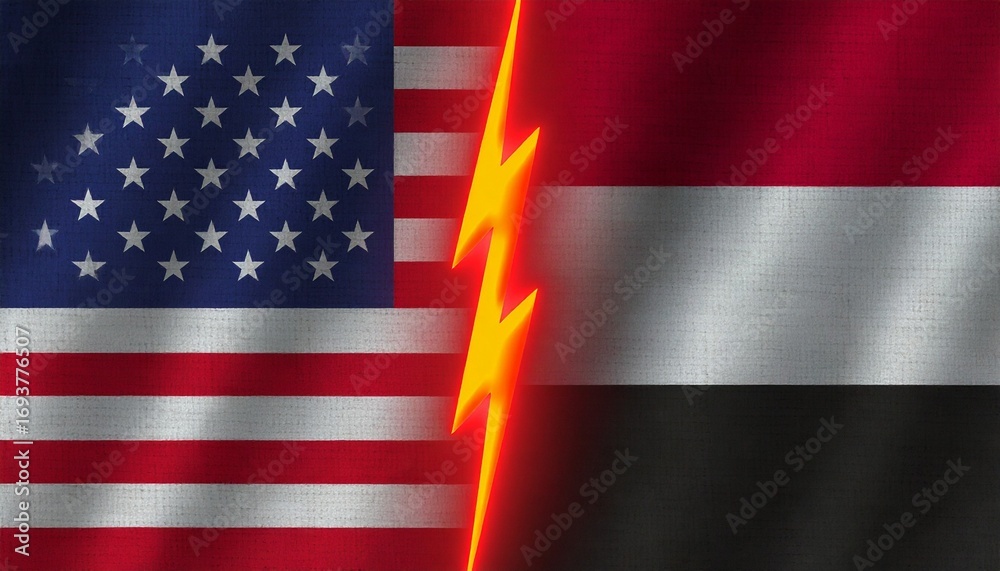 Fototapeta premium United States and Yemen flags divided by jagged line, symbolizing conflict