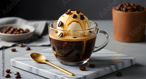 Affogato dessert with vanilla ice cream, caramel drizzle, and coffee beans in a clear glass cup, presented on a stylish marble board.