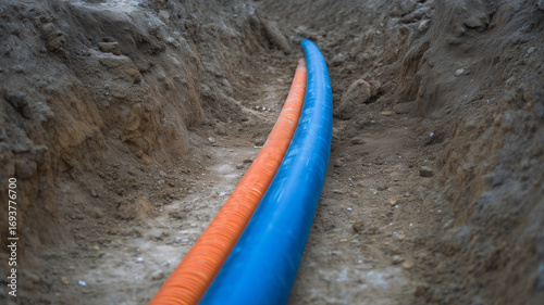Underground fiber optic cable installation with blue and orange conduit in soil trench for high speed internet infrastructure