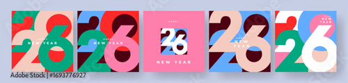 Set of 2026 Happy New Year logo text design. 2026 number design template. Collection of 2026 Happy New Year card, cover, poster. Vector illustration with labels isolated on colorful background.