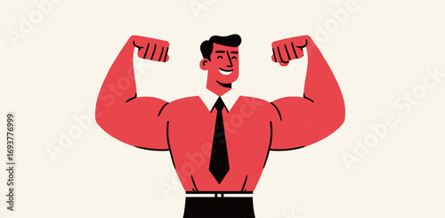 A confident man flexes his large muscles while wearing a red shirt and tie. The illustration highlights strength and self-assurance in a stylized manner.