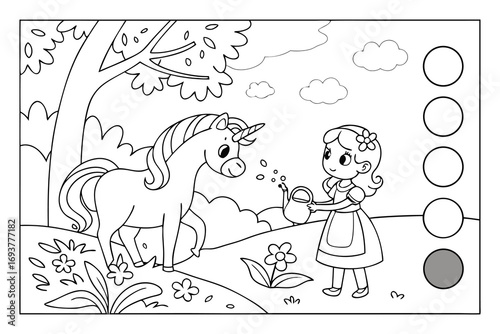 A charming black and white coloring page featuring a unicorn and a girl watering flowers in a whimsical forest setting.