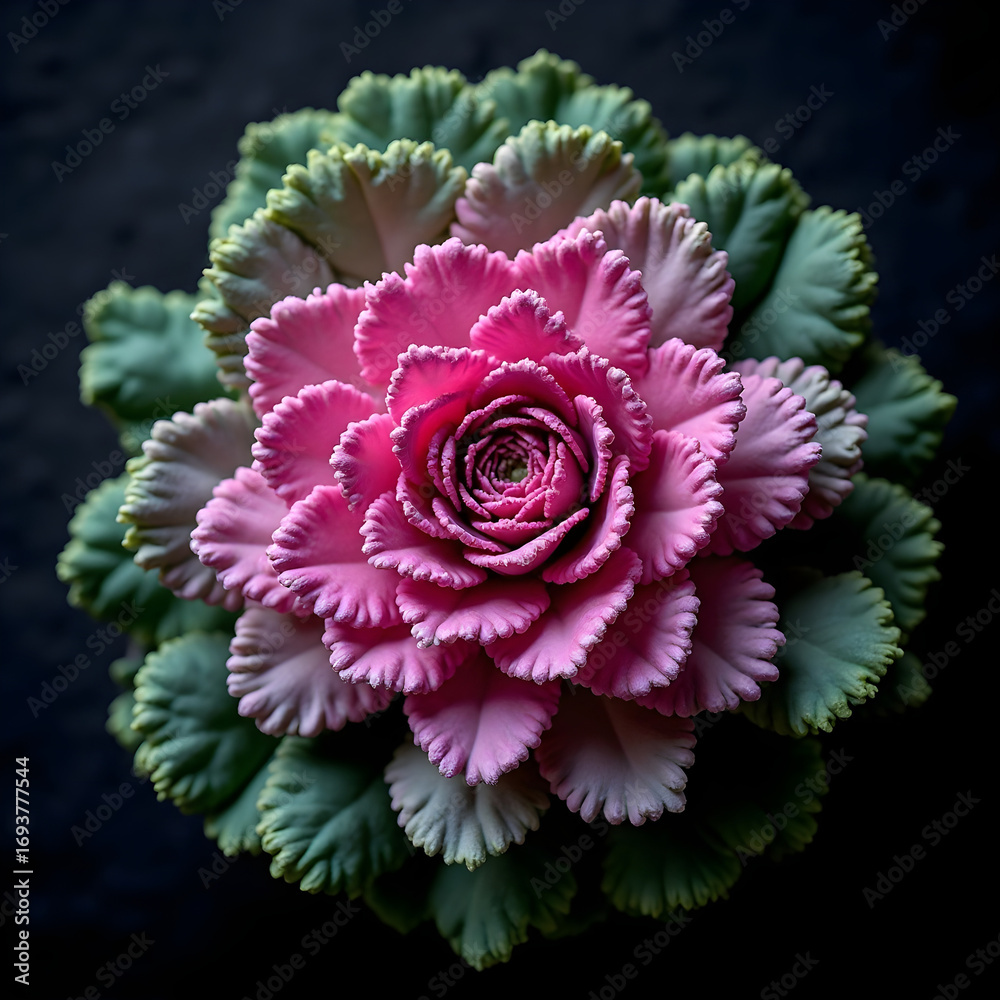 Obraz premium Close up of a pink and green ornamental cabbage on dark background