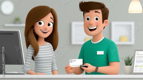 Healthcare finance concept with patient paying at modern clinic reception desk, receptionist using POS terminal, soft lighting and clean background suitable for branding, advertising, or service promo