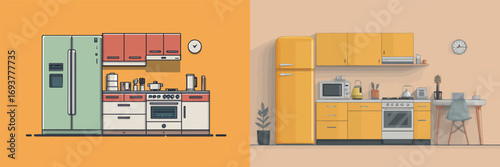 Two distinct kitchen designs showcase a blend of modern aesthetics and functionality. One features a retro-style layout while the other embraces a vibrant, contemporary look.