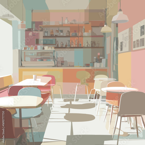 Brightly colored walls and playful furniture fill the cafe space with warmth. Natural light enters through the large windows, illuminating the inviting environment.