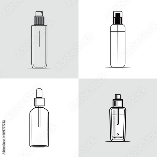 Four unique designs of beauty product containers showcase different shapes and closure types against a neutral backdrop. These containers highlight versatility in packaging.
