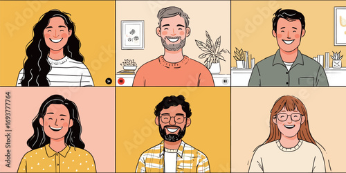 Six young adults showcase their vibrant personalities and diverse features with bright smiles, creating a warm, friendly environment that radiates positivity.
