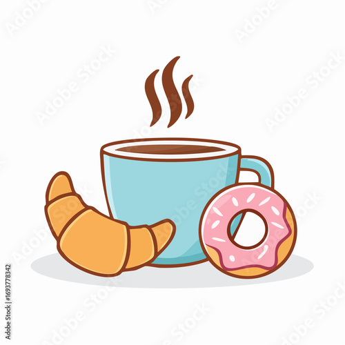 Cute vector illustration of hot coffee with steam, croissant, and pink donut. Perfect for breakfast, café menu, bakery design, food blog, or coffee shop branding.