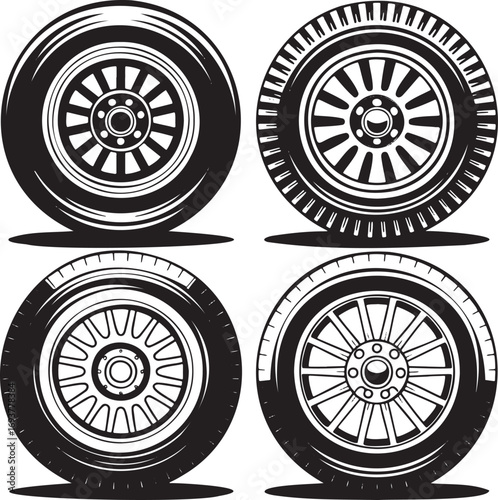 Set of Four Car Tire and Rim Designs – Automotive Wheel Variations for Vehicle Performance and Style 
