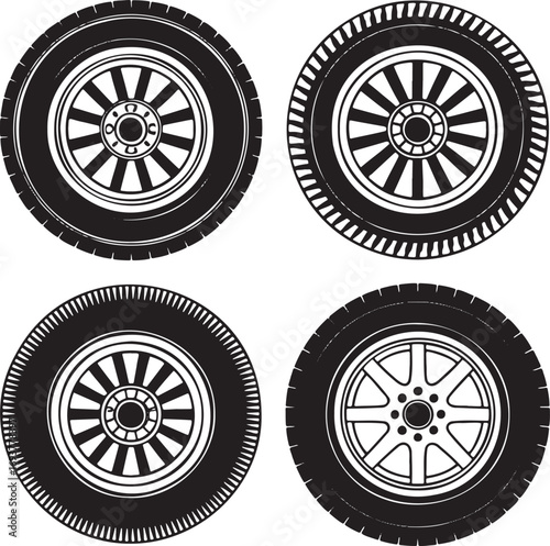 Set of Four Car Tire and Rim Designs – Automotive Wheel Variations for Vehicle Performance and Style 