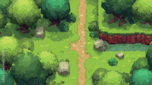 Colorful pixel art depicts a serene forest pathway winding through tall trees, with rocks and a stream enhancing the tranquil setting. Perfect for adventure themes.
