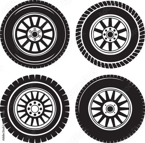 Set of Four Car Tire and Rim Designs – Automotive Wheel Variations for Vehicle Performance and Style 