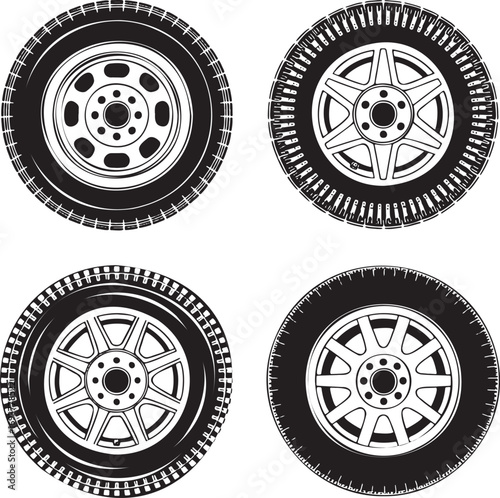 Set of Four Car Tire and Rim Designs – Automotive Wheel Variations for Vehicle Performance and Style 