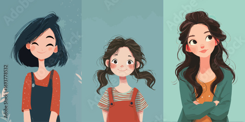 Three girls with distinct hairstyles and expressions stand side by side against soft pastel backgrounds. Each has a unique outfit and personality.