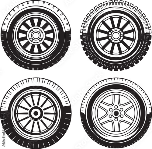 Set of Four Car Tire and Rim Designs – Automotive Wheel Variations for Vehicle Performance and Style 