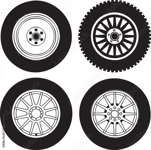 Set of Four Car Tire and Rim Designs – Automotive Wheel Variations for Vehicle Performance and Style 