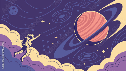 Astronaut explores vast cosmos reaching for distant planet with vibrant rings in stylized universe