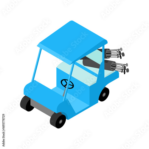 Isometric blue golf cart, representing leisure, sport, eco-friendly transport, and recreational mobility used on golf courses and resorts.