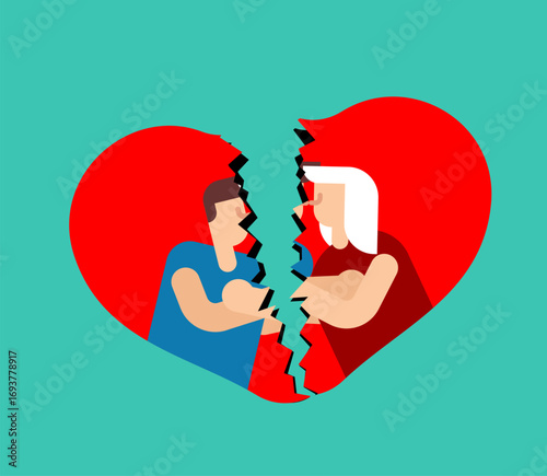 Broken heart with couple inside, symbolizing breakup, love conflict, separation, emotional pain, and tragic relationship.