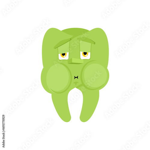 sick green tooth, vomiting and unhappy, symbolizing dental illness, decay, caries, and poor oral health.