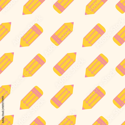 Seamless pattern with yellow pencil and pink outline on beige background.