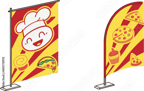 Joyful chef and pizza flags promote delicious food business with vibrant, fun designs