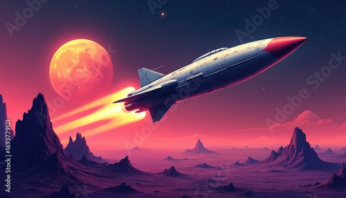 Fototapeta Naklejka Na Ścianę i Meble -  Retro spaceship illustration in vintage style. Pink, purple, red colors depict space exploration fantasy with planets, stars. Rocket flies over alien planet landscape with mountains under dramatic