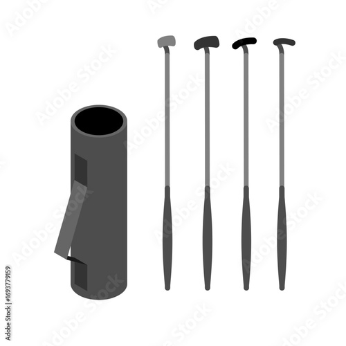 Golf clubs with bag set, symbolizing sport, leisure, golfing hobby, outdoor activity, and active lifestyle.