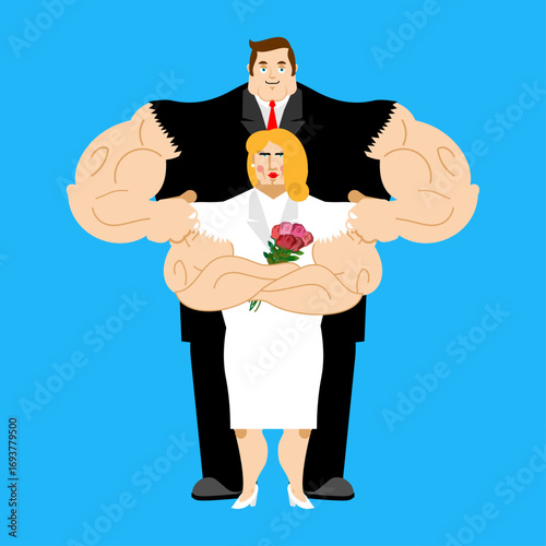 Funny wedding vector illustration with muscular groom and bride. Cartoon couple with exaggerated proportions. Perfect for humorous wedding designs, invitations, and love art.