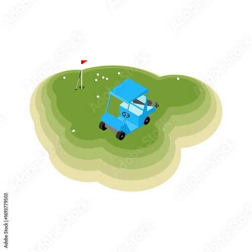 golf course with clubs, golf cart, and flag. Perfect for sports, tournaments, leisure, and lifestyle projects. Clean design for creative and professional use.
