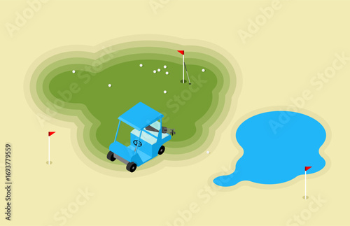 golf course with club, cart, flag, and pond. Perfect for sport, tournament promotion, outdoor activity, leisure, and lifestyle design.