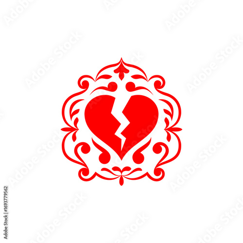 broken heart in ornate decorative frame. Symbol of breakup, sadness, romance, and emotions. Perfect for love, dating, and relationship projects.